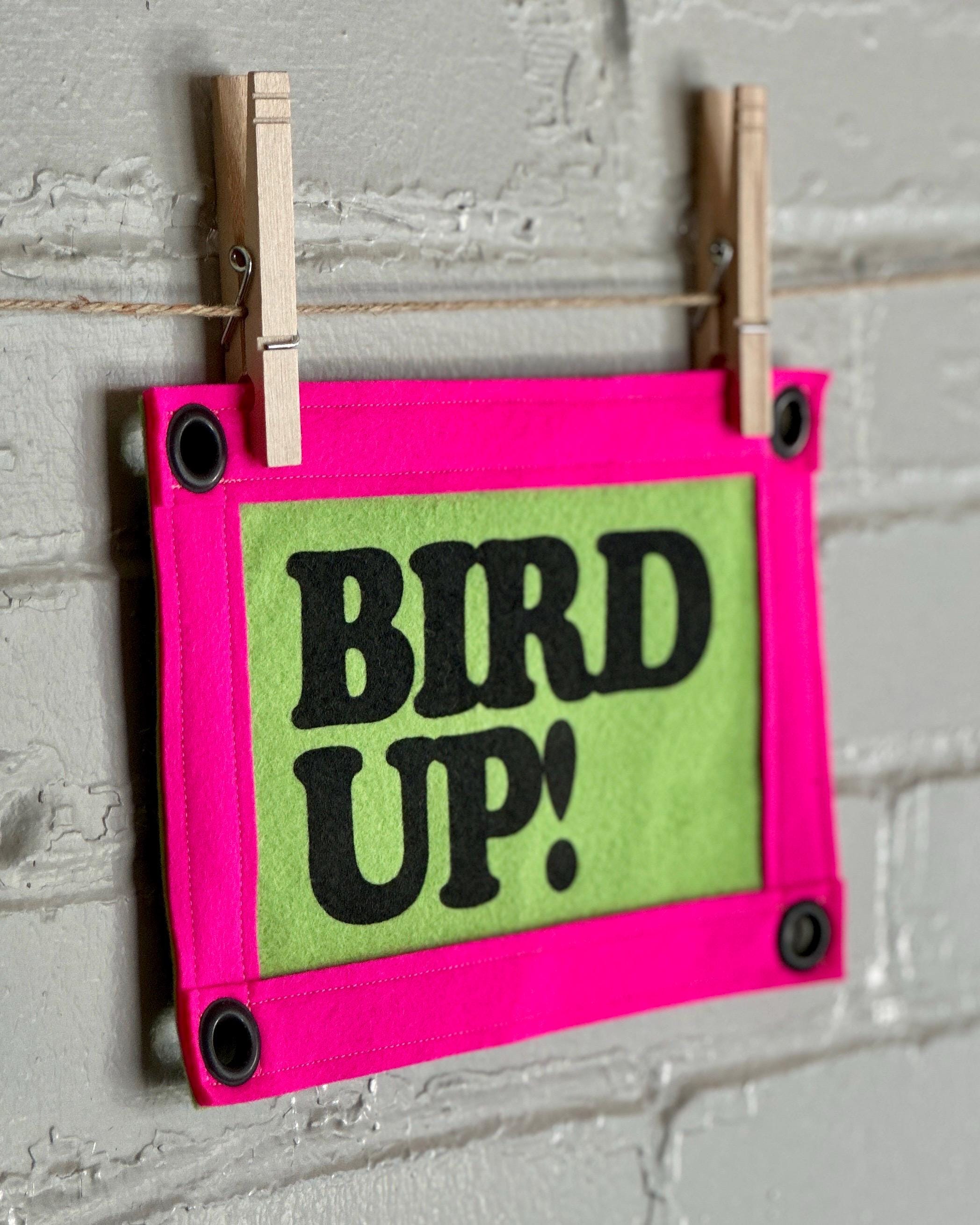 Felt banner with 'Bird Up!' text on green base with pink trim, hanging from a brick wall with clothespins.