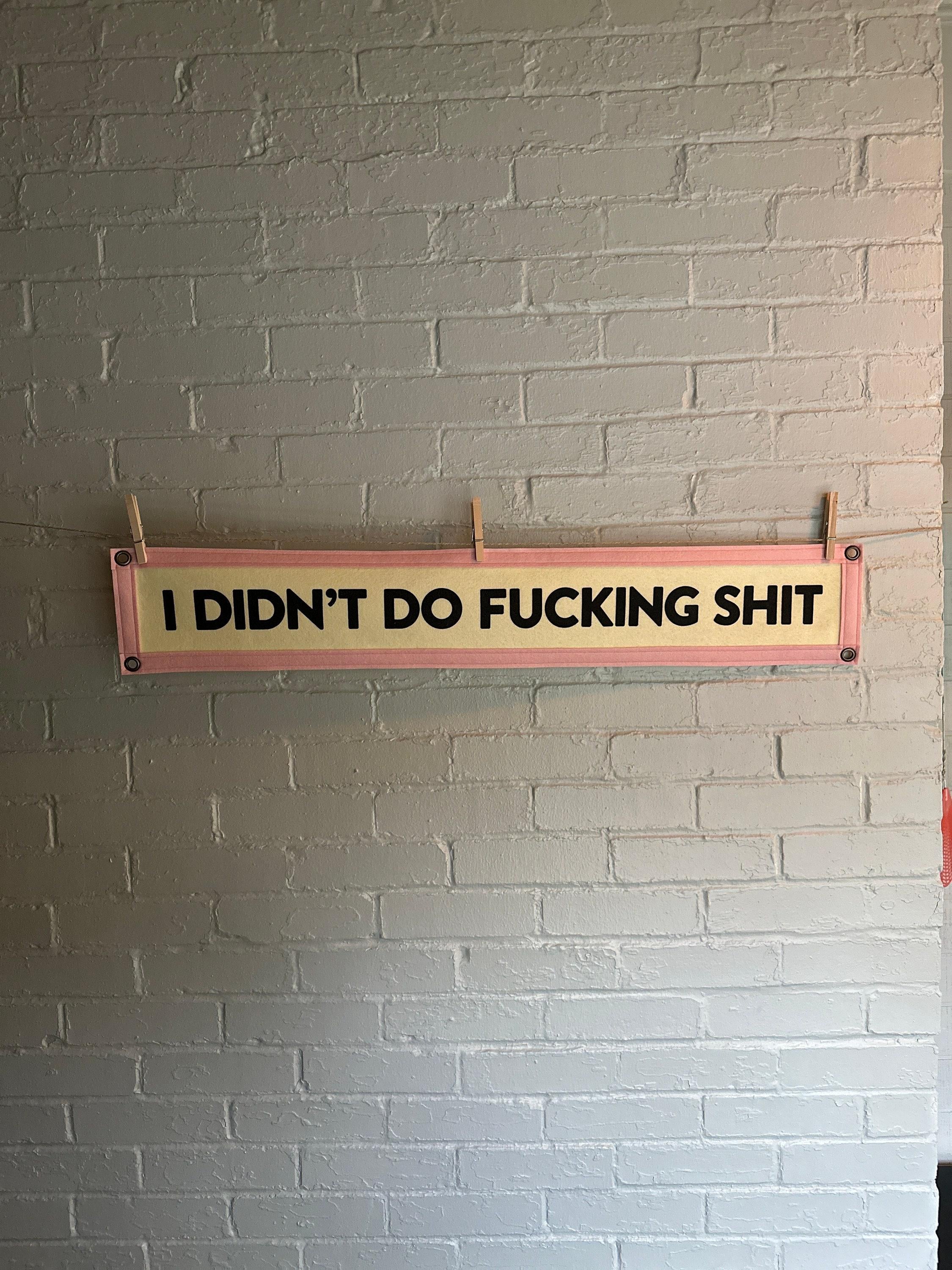 A cream felt banner with pink trim and black lettering that reads "I didn't do fucking shit"