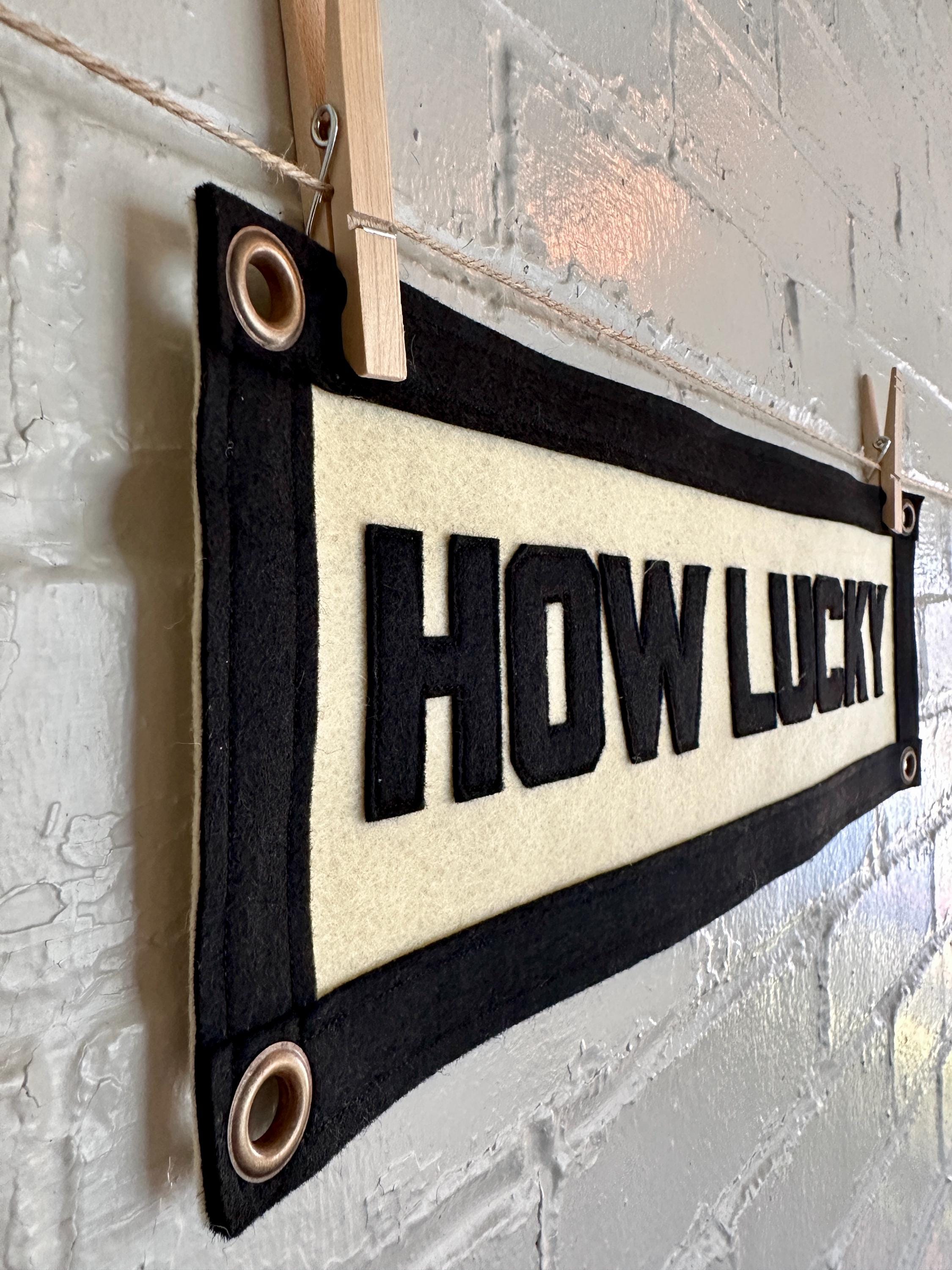 A cream felt banner with black stitched letters that read 'HOW LUCKY' hanging from two wooden clothespins against a white brick wall.